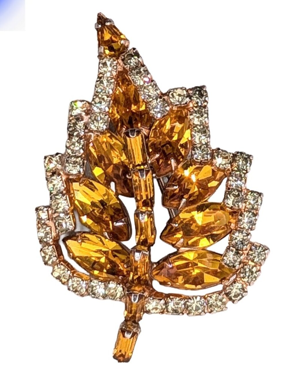 Vintage 1950s Signed Kramer of Ny Goldtone Faux-Citrine Leaf Brooch